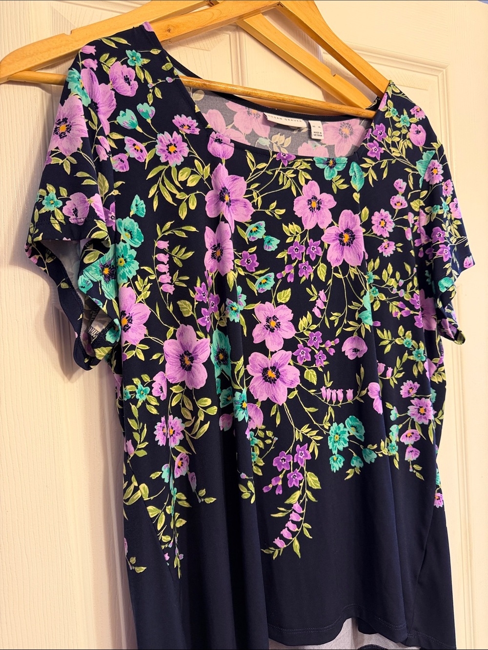 Susan Graver Navy Floral Short-Sleeve Blouse with Lavender & Teal Flowers